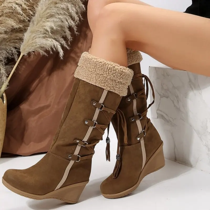 NEW Women's Winter Fashion Lace-up Tassel Long Boots Women Platform Wedge Snow High Boots Warm Cotton Fashion Plush Plus Size 42