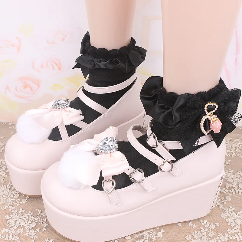 Japanese Rojita Style Sweet Cute Girl Lace Pearl Heart Strawberry Pendant Bow Short Socks Women's Stockings Clothes Accessories