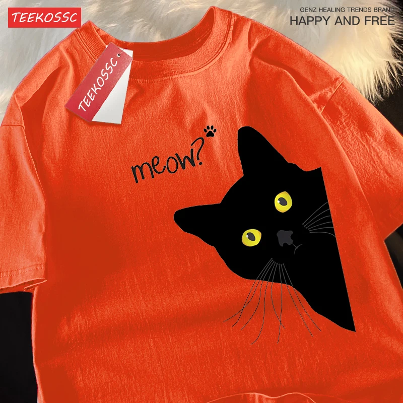Meow The Black Cat Stared Intently Short Sleeve Men Women Breathable O-Neck T-Shirts Summer Cotton Tshirt Fashion Oversized Tops