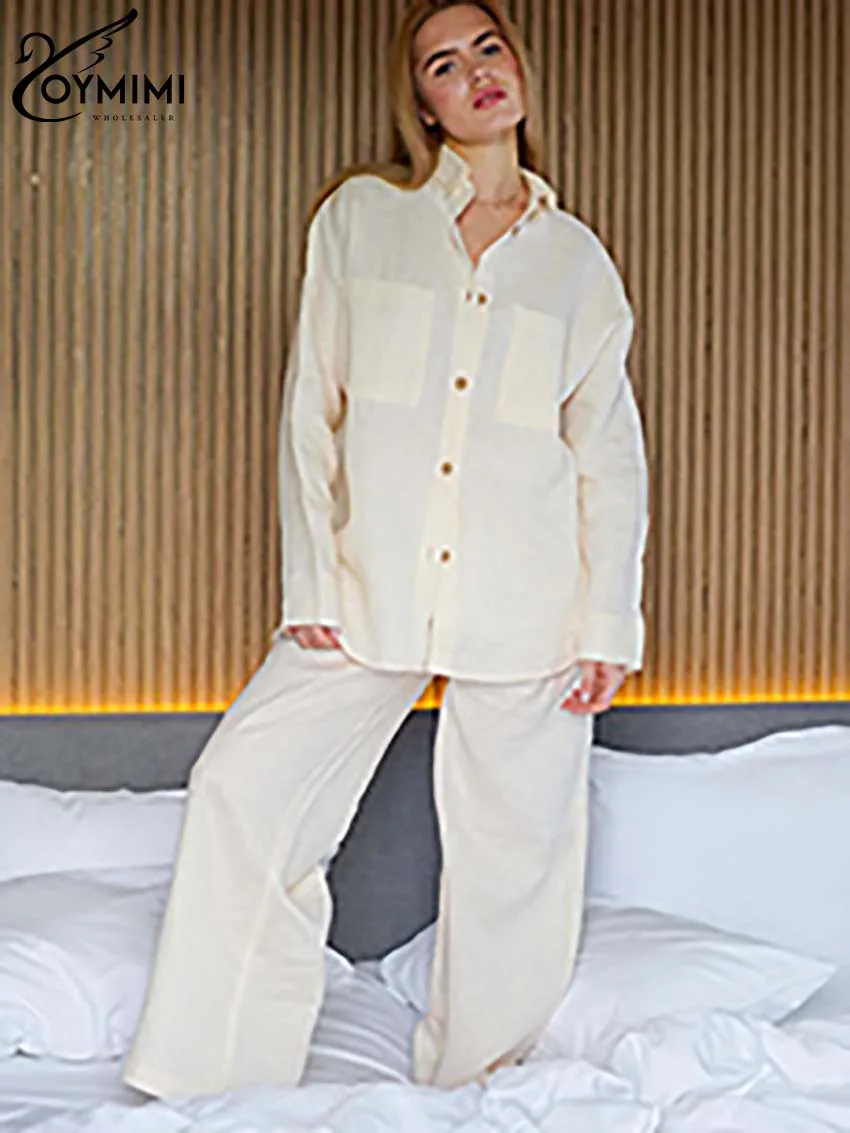 

Oymimi Fashion Apricot Cotton Two Piece Set For Women Casual New Long Sleeve Pockets Shirts And Solid Simple Trousers Female Set