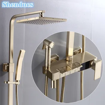 ชุดฝักบัวดิจิตอลลายเปียโนสีทองอุปกรณ์ก๊อกน้ำในห้องน้ำทองเหลืองเย็นชุดฝักบัวดิจิตอลแบบปรับอุณหภูมิได้ 1