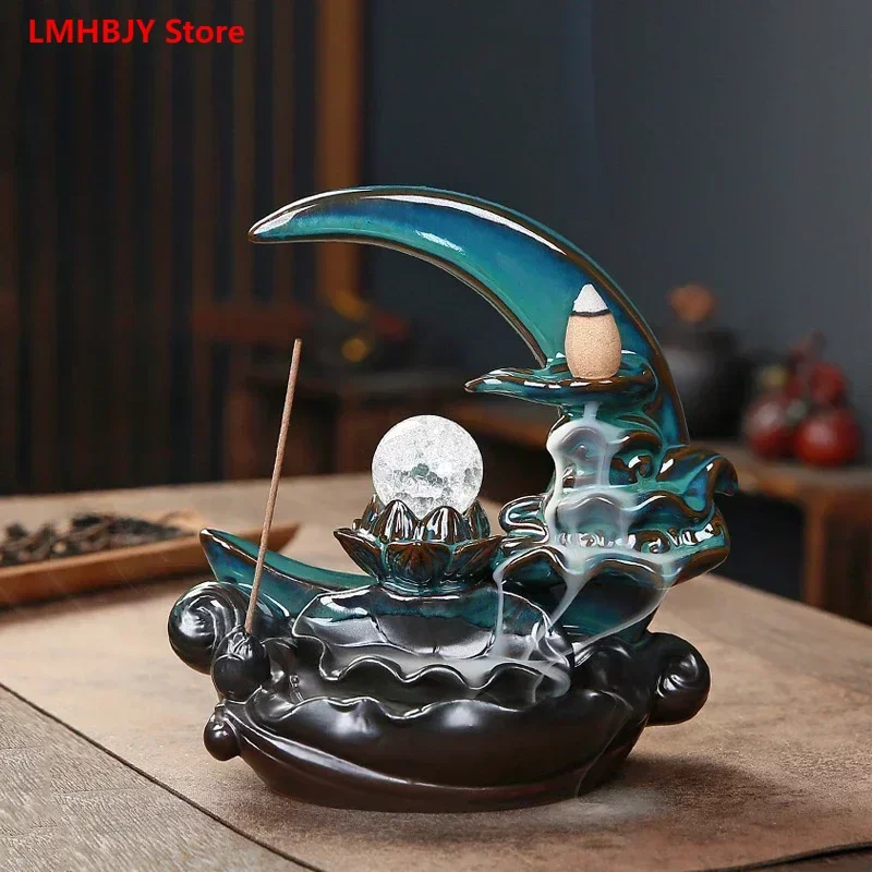 

Blue Lotus Pond Moonlight Flowback Incense Burner Home Furnishing Incense Burner Creative Decoration Ceramic Incense Burner