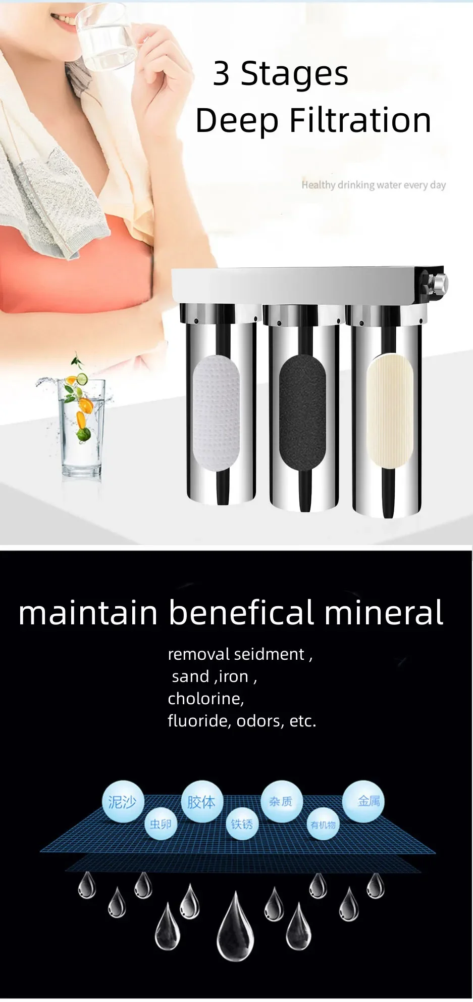 Description Picture 4 of itemDesktop Water Dispenser10 Inch 3 Stages Stainless Steel Water Purifier UF PP CTO Household Direct Drinking Prefilter Ultrafiltra
