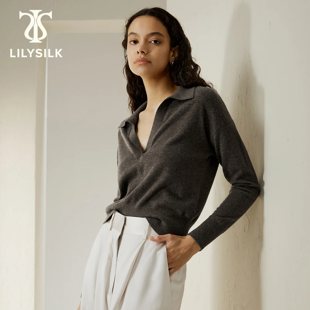 

LILYSILK Cashmere Polo Sweater for Women 2023 Fall New V Neck Versatile Caual Top Office Ladies Essentials Traf Free Shipping
