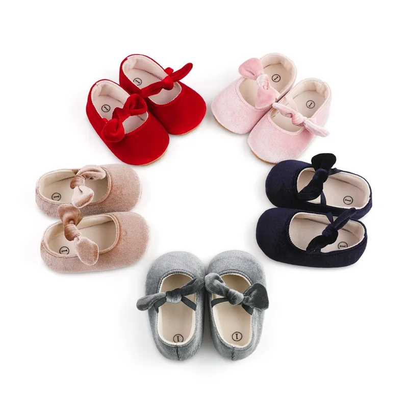 

Cute Baby Girls Mary Jane Flats Bowknot Princess Dress Shoes Non-Slip Velvet Crib Shoes Prewalkers for Infants 0-18Months