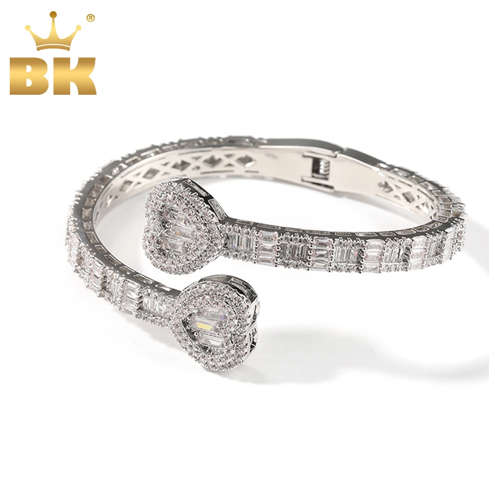 THE BLING KING 6mm Baguettecz Heart Cuff Bangle Micro Paved Bling Cubic Zirconia Luxury Wrist Rapper Hiphop Jewelry Punk Bangle uwin baguette cz heart 6mm adjustable cuff bangle micro paved bling cubic zirconia luxury rapper hiphop jewelry punk gift