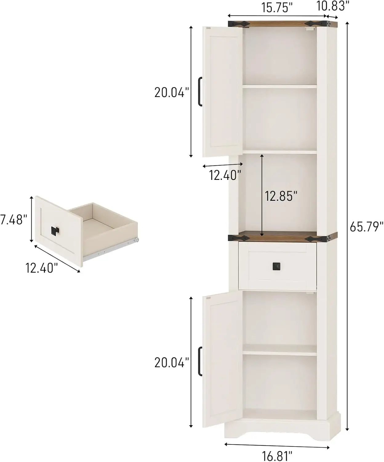 66" Tall Farmhouse Bathroom Storage Cabinet with Barn Doors and Drawer, Narrow Storage Unit, Adjustable Shelves & 5-Tier Space,