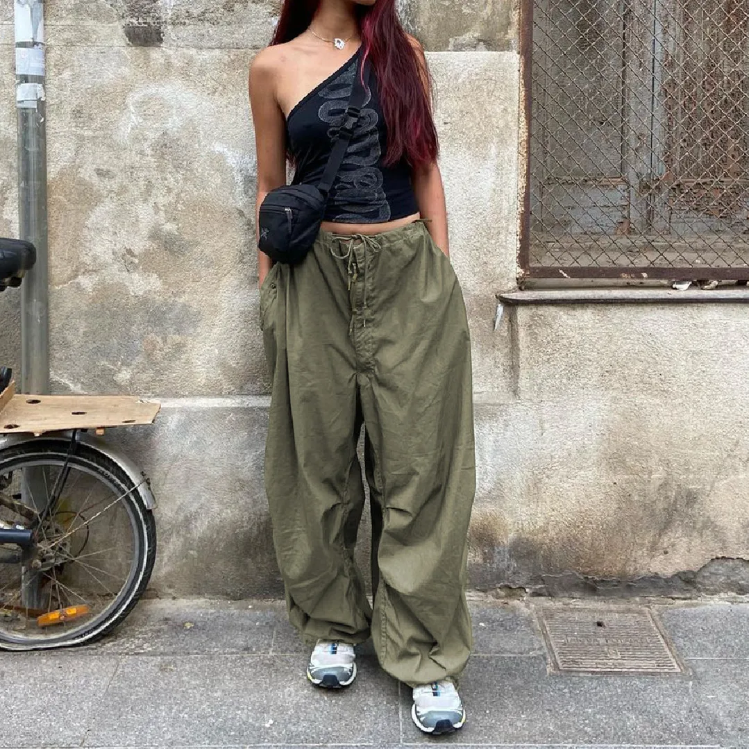 Women Casual Loose Low Rise Cargo Pants Green Streetwear Capris Hip Hop Baggy Wide Leg Sweatpants Y2k Fashion Oversized Trouser