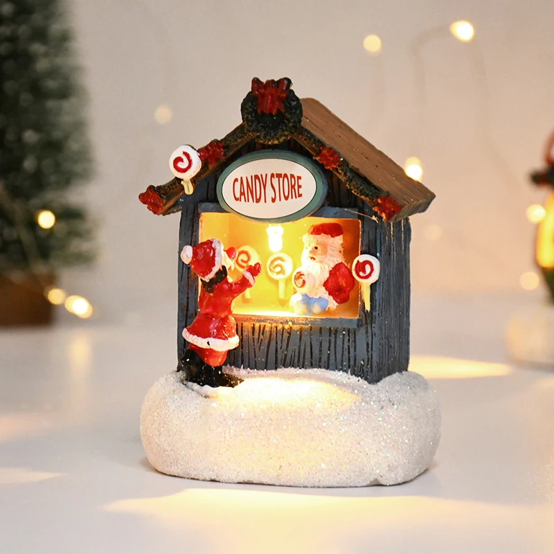 Christmas LED Light Resin House Santa Claus Gift Shop Ornaments 2025 New Year Decoration for Home Luminous Cabin Landscape Craft