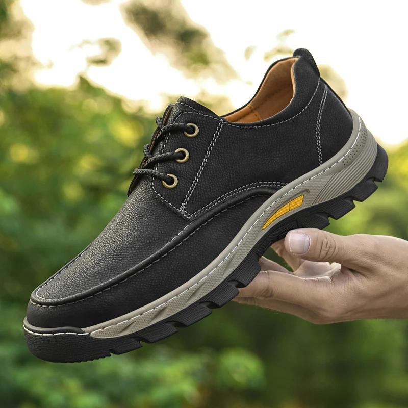 Outdoors Lace-up Shoes Man Non-Slip Casual Leather Shoes for Men Wear Resistant Walking Hiking Footwear Classic Comfy Climbing