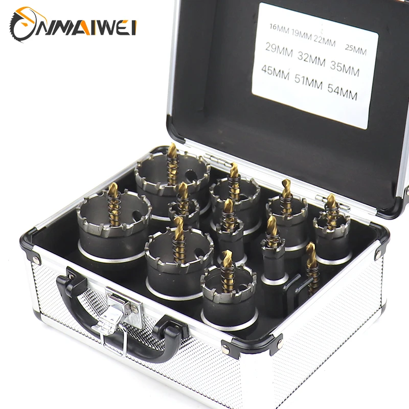13PCS 16-54mm TCT Hole Saw Tungsten Carbide Tip TCT Metal Cutter Core Drill Bit Kits for Stainless Steel Metal Drilling Crown 