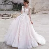 Customized Luxury Pink Long Sleeve Wedding Dress Ball Gown Lace Appliques O-Neck Button Royal Train Bride Gowns Vestido Princess 1