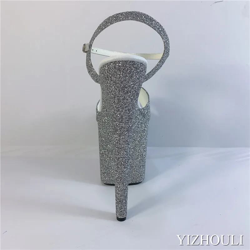 Sparkly 20cm grey glitter waterproof platform, summer 8 inch stiletto heels/sexy high-heeled pole model walking  dance shoes