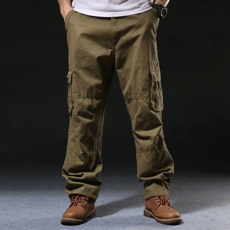 Men's Casual Cotton Cargo Pants Multi-Pocket Wear-Resistant Baggy Work Overalls Straight Military Army Slacks Long Trousers