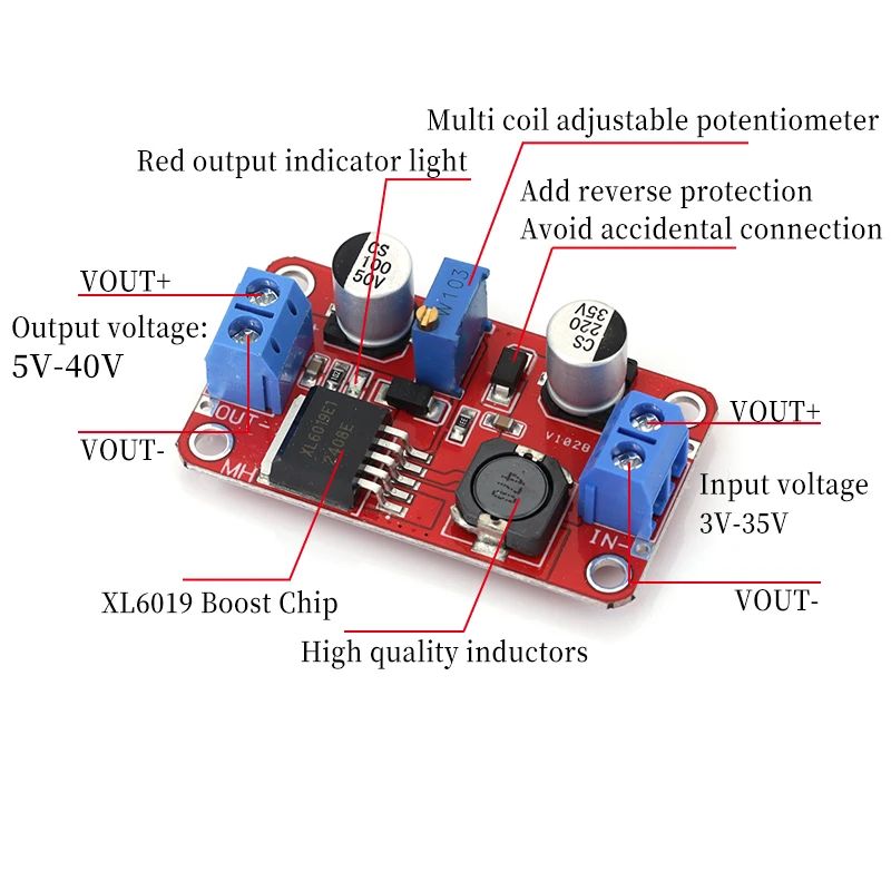 DC-DC Step Up Power Module 5A DC-DC Step Up Power Module Boost Volt Converter 3.3V-35V To 5V 6V 9V 12V 24V XL6019 Adjustable Output Regulator 1-10Pcs