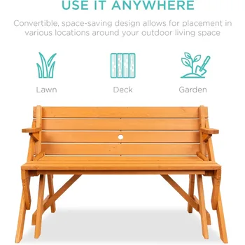 2-in-1 Transforming Interchangeable Outdoor Wooden Picnic Table Garden Bench for Backyard, Porch, Patio, Deck w/Umbrella 4