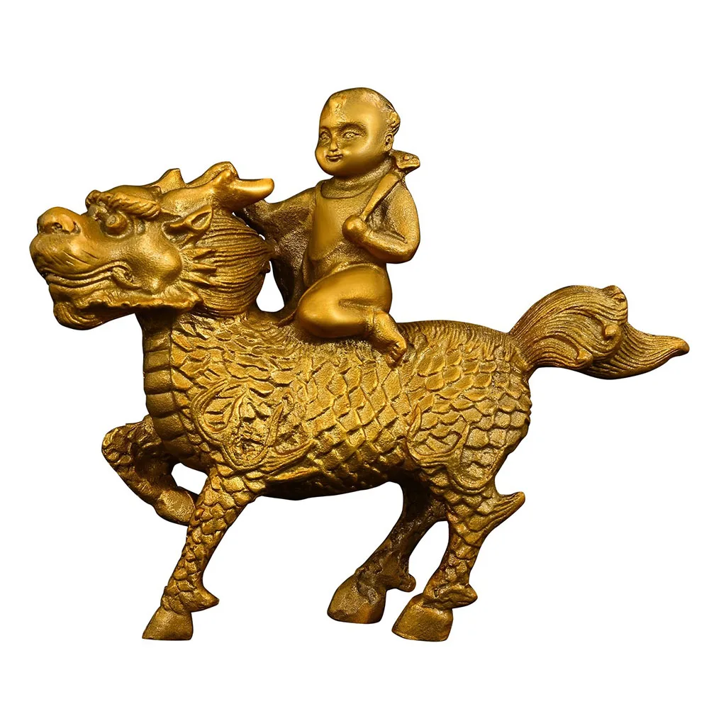 A Pair of Chinese Brass Kylin Qilin Statue, Boy & Girl Figurine with Gold Ingot & Ruyi Scepter, for Fertility Luck & Wealth