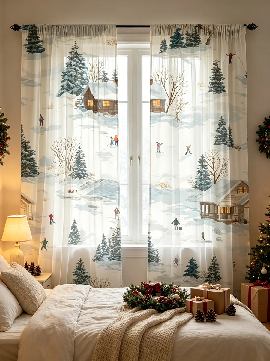 2 pièces, rideaux à motifs de cabane de ski hivernale pour Noël, rideaux pour chambre, salon, cuisine, à suspendre sur tringle, en polyester, décoration intérieure. 1