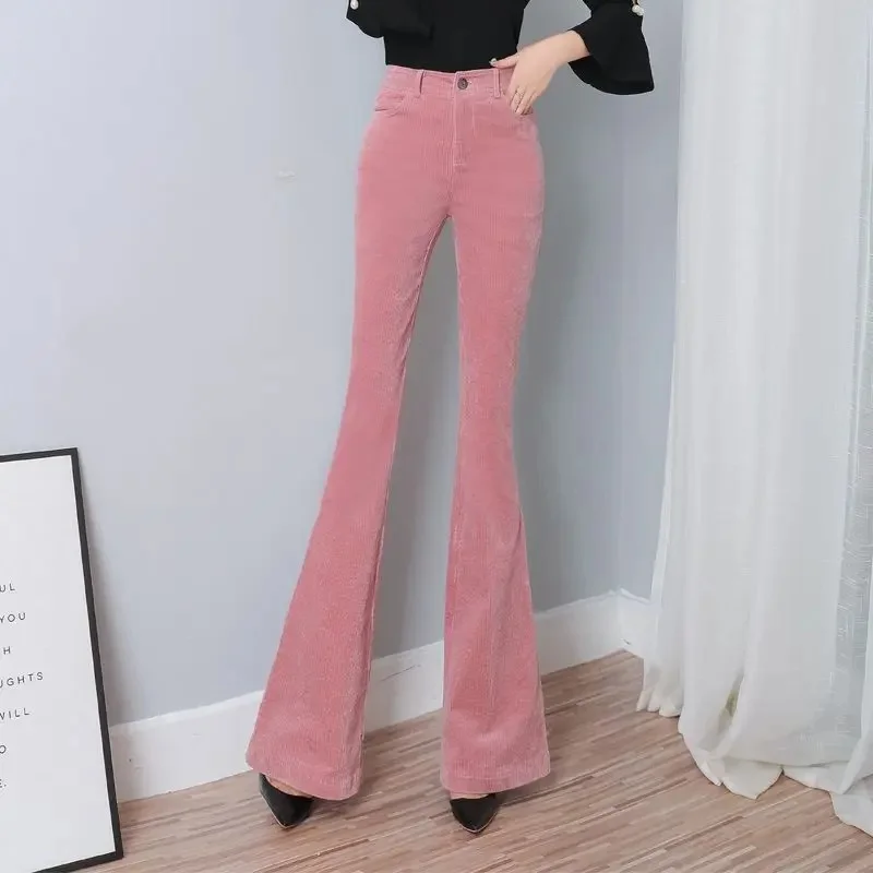 Korean Solid High Waist Corduroy Flare Pants Women Autumn Winter Fashion Slim Versatile Fleece Casual Straight Trousers 2023