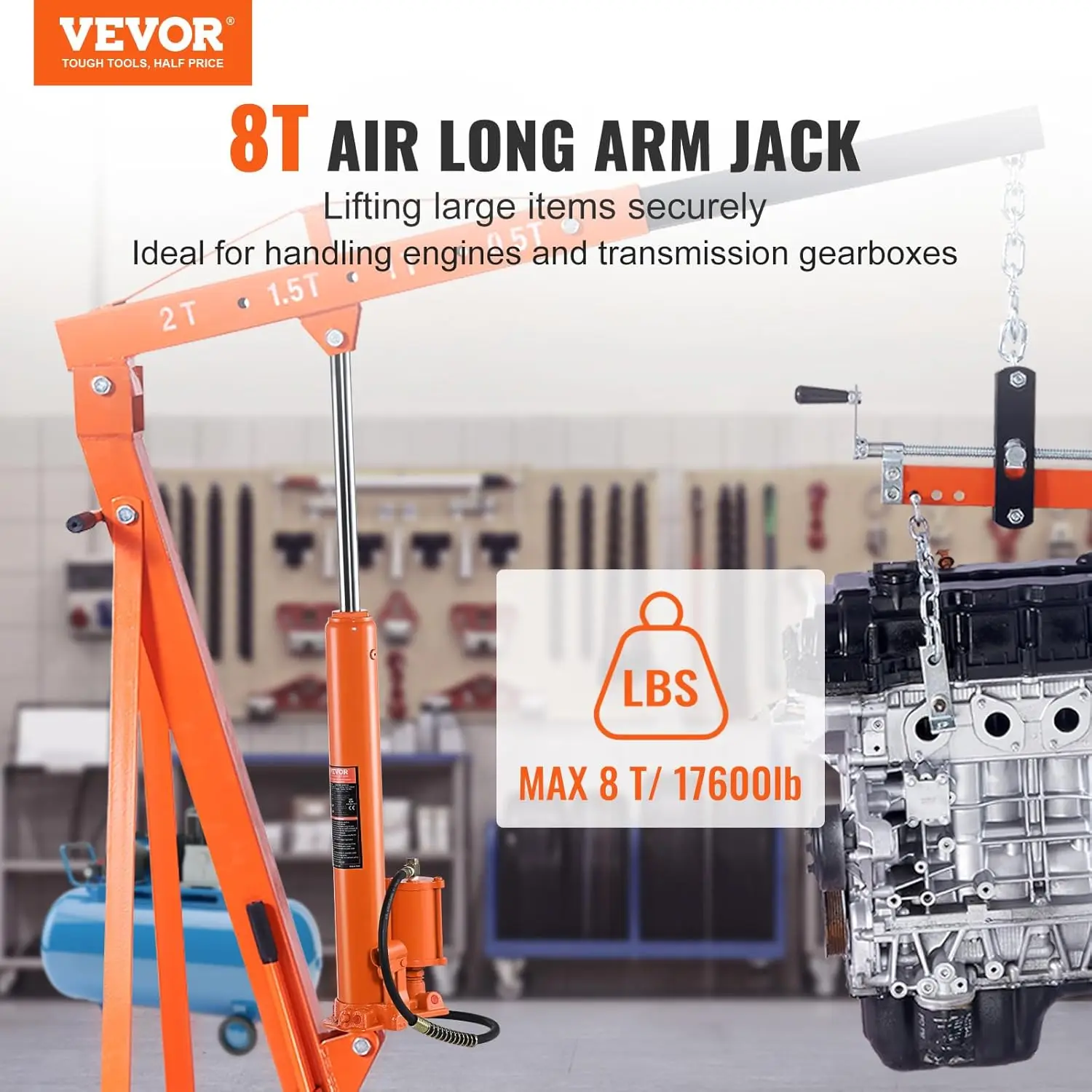 Long Ram Jack, 8 Ton Engine Hoist Cylinder with Air Pump and Single Piston Pump, Hydraulic Ram Cylinder Clevis B 2