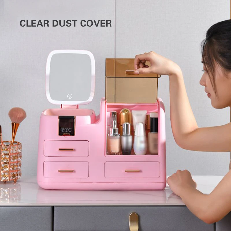 Cosmetics Storage Box with Led Color-Changing Light Mirror Dust Skincare Organizer Box Large Capacity Vanity Table Home Storage 2