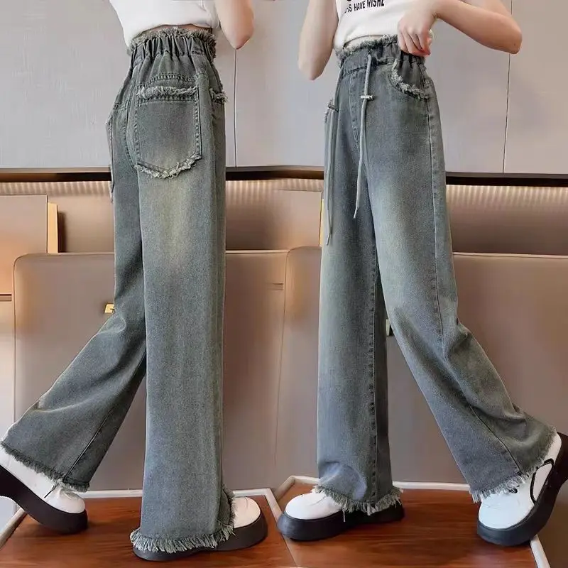 

Young Girls' Jeans Spring Autumn Kids Wide-leg Pants Drawstring Elastic Waist Loose Causal Fashionable Korean 4-13 Years Old