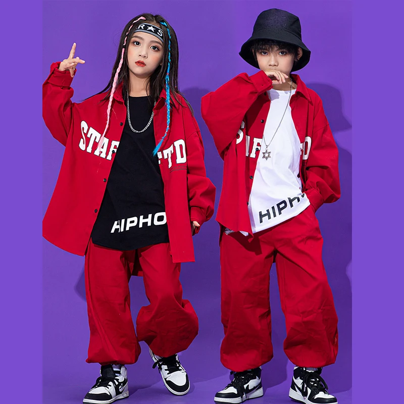 

New Children Red Loose Shirts Hiphop Pants Kpop Clothing For Girls Boys Jazz Performance Costumes Hip Hop Rave Clothes DQS11159