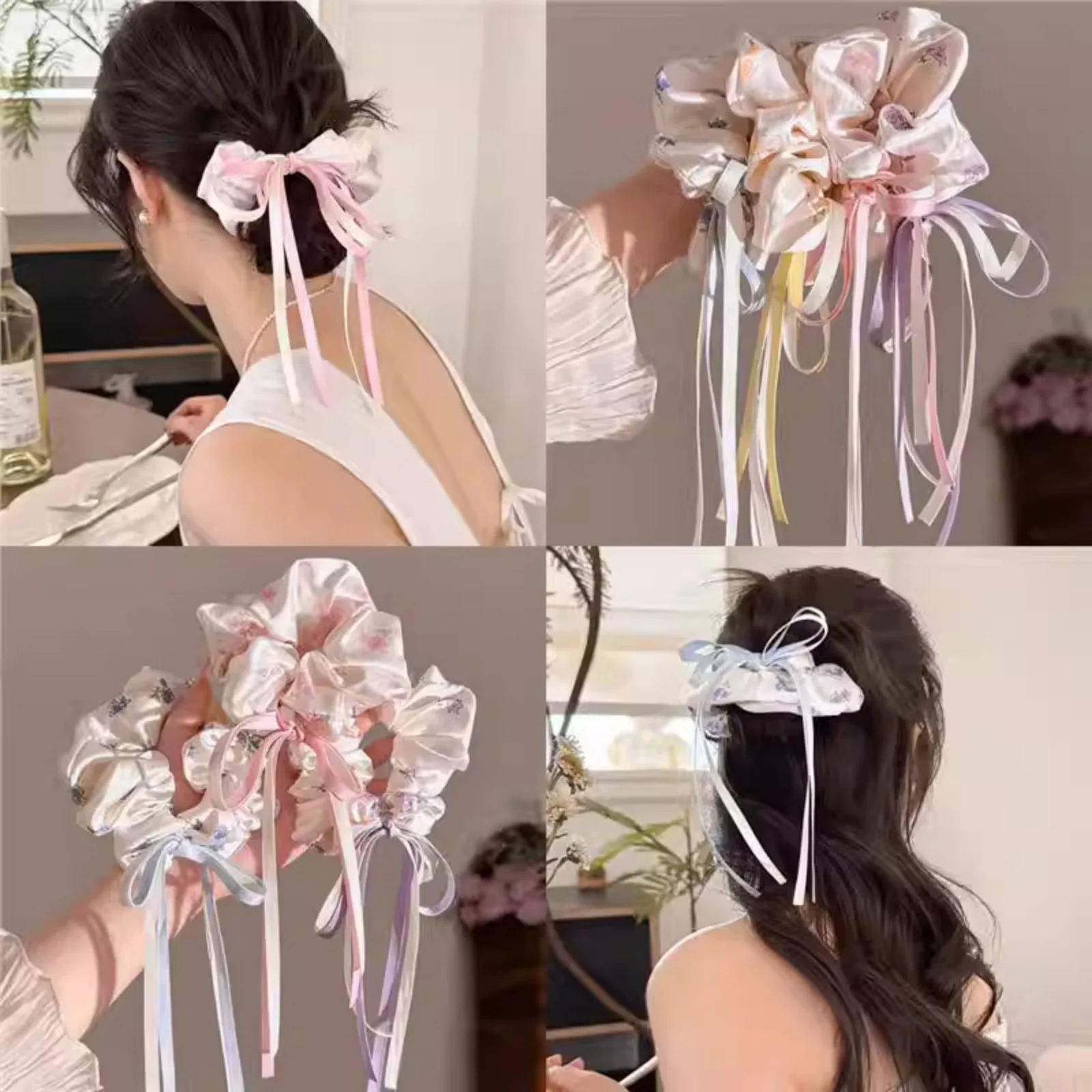1 Stück Blumenmuster Satin-Haargummis mit Bandquasten für Frauen, Pastellfarbene Schleifen-Haargummis, Weiche Elastische Haarbänder für Frühling und Sommer – Detail 3