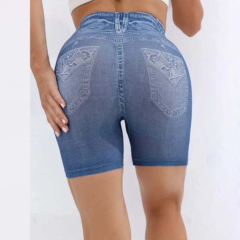 High Waisted Shorts Denim Printed Women's Sports Hip Lifting Weight Lifting Fitness Yoga Shorts
