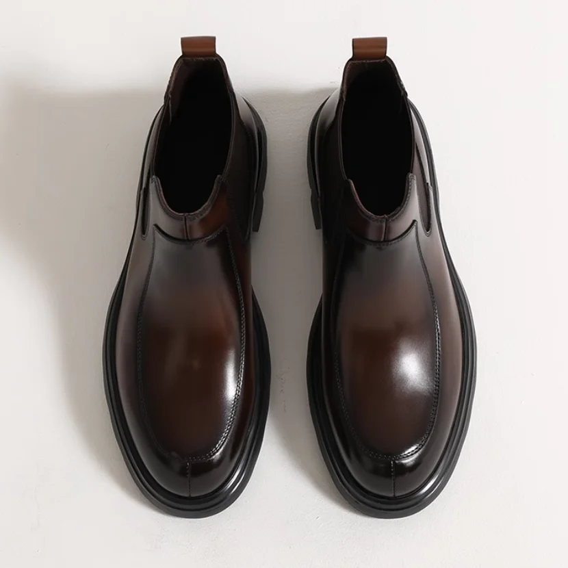 【Leichte Sohle】 Kurze britische Echtleder-Stiefel mit mattierter High-Top-Freizeitschuhe mit dicker Sohle, Chelsea-Stiefel für Herren für die Körpergröße – Detail 10
