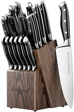 Knife Set 15-Piece Kitchen Knife Set with Sharpener Wooden Block and  Serrated Steak Knives,Emojoy Germany High Carbon Stainless Steel Knife  Block