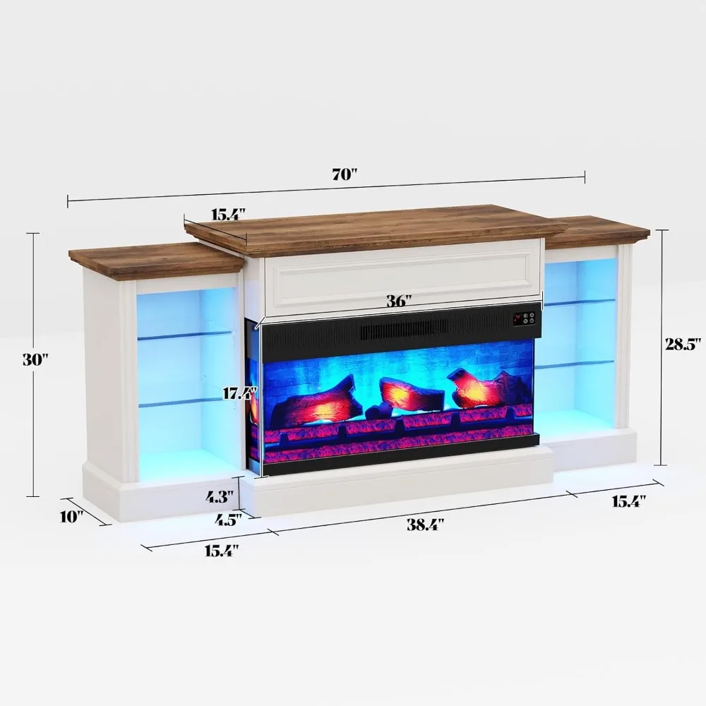 70" Electric Fireplace with Mantel, 3-Sided Fireplace TV Stand, Entertainment Center with Adjustable Shelves & LED Light 5