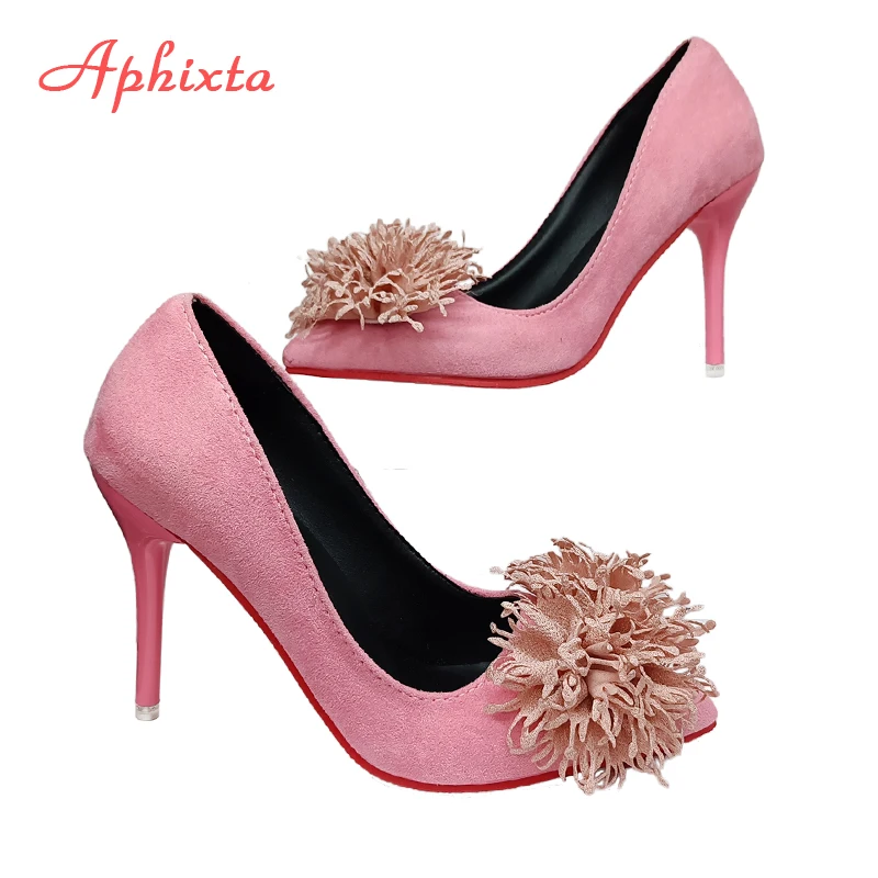 Aphixta 10cm Stiletto Heels Pumps Hot Sale Flowers Super Hight Sex Change Women Flock Casual Shoes Large Size 49 50
