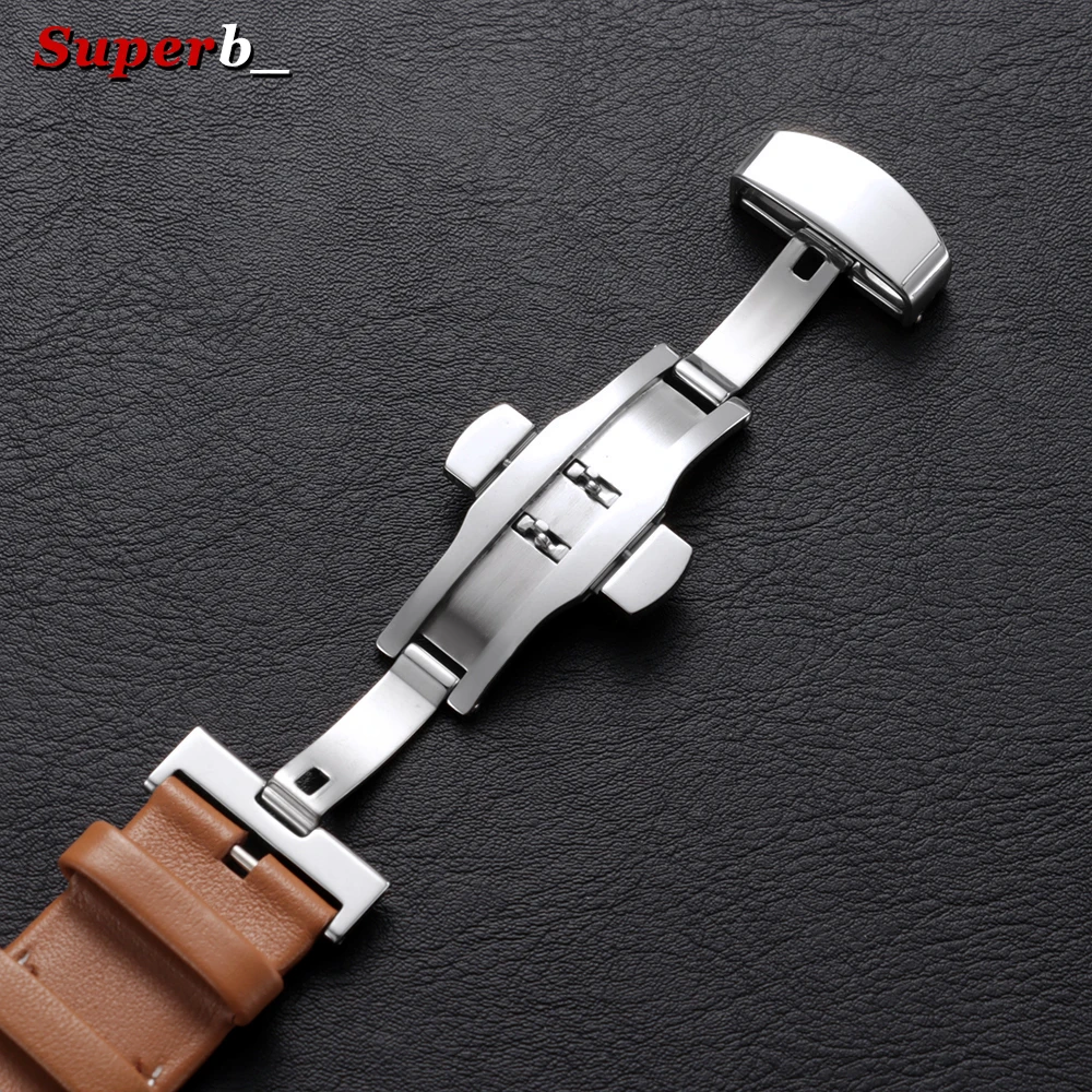 Premium Genuine Calfskin Leather Watch Strap with Butterfly Buckle and Dual Stitching