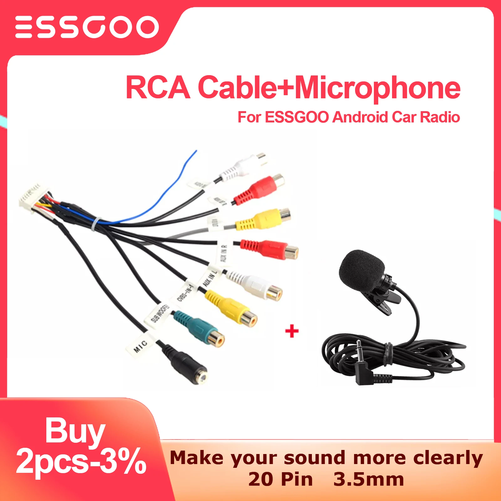 Rca Cable For Essgoo Android Car Radio To Connect Microphone Subwoofer