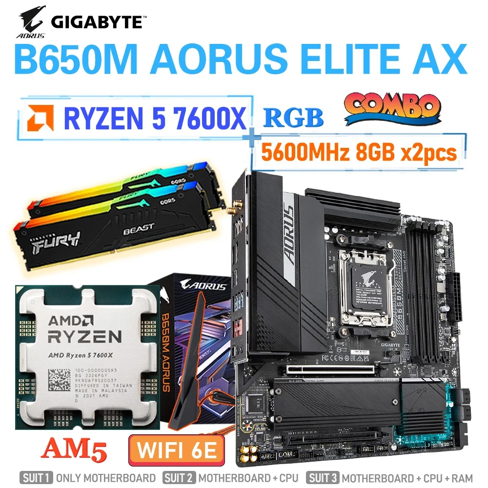 Gigabyte B650 Motherboard Set RYZEN R5 7600X CPU Motherboard Ram Combo