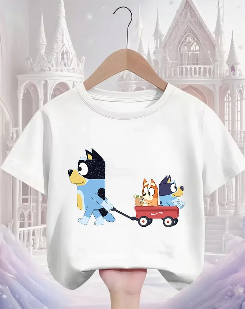 귀여운 카와이 어린이 티셔츠 블루이 인기 프린트 여름 스트리트 스타일 패션 탑 어린이용 3-14세