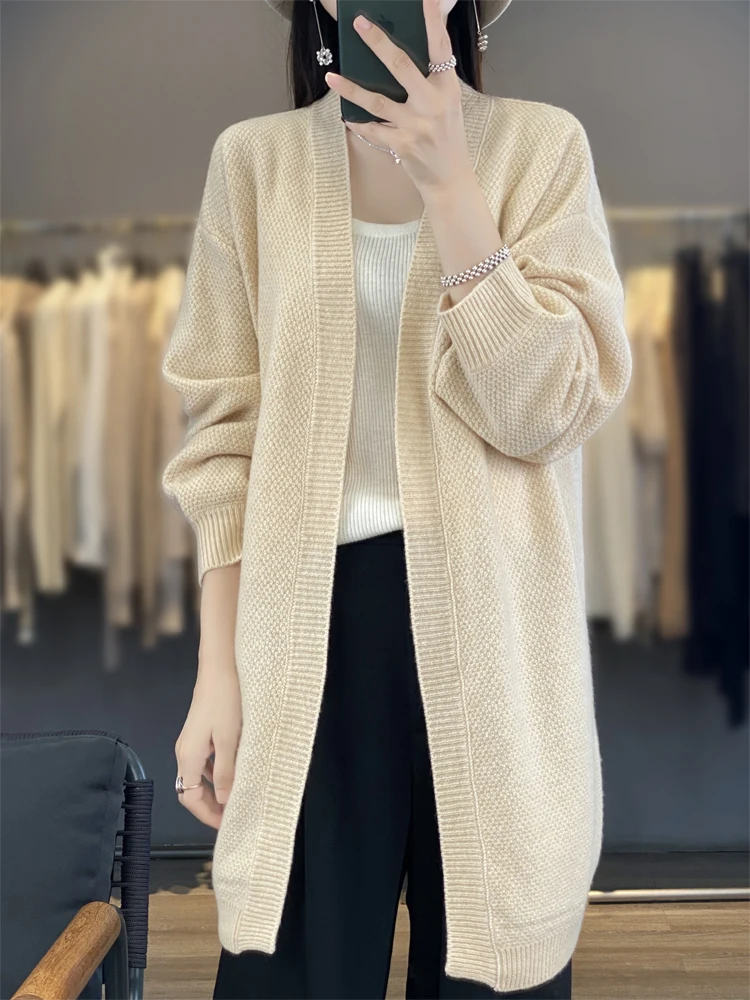 ADDONEE Women Long Cardigan Autumn Winter Cashmere Sweater Casual Loose Style Coat 100% Merino Wool Knitwear Korean Fashion Tops 2