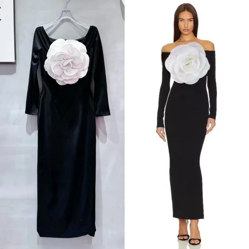 PuTao Formal Evening Dress 2024 Spring New White 3D Flower Prom Dress Split One Shoulder Slim Long sleeved Black Cocktai Dress