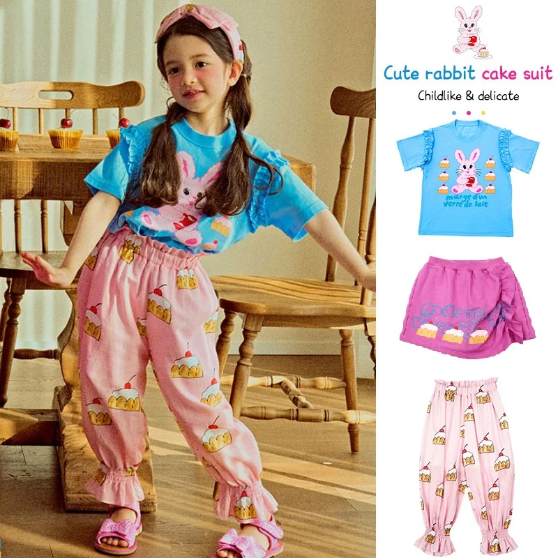 

Girls T-shirt 2023 Summer New Blue Cartoon Girl Short-sleeved Short Skirt Suit Casual Fashion Half Skirt Korean Child Clothings