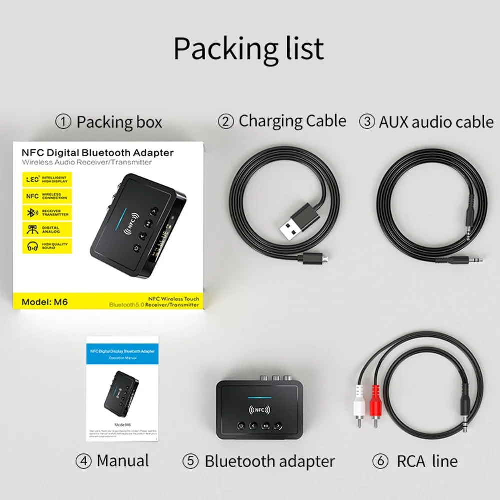 NFC 블루투스 호환 5.0 수신기 송신기 무선 어댑터 AUX 3.5MM 광 동축 TF/U-디스크 USB FM LED 디스플레이 HD 마이크