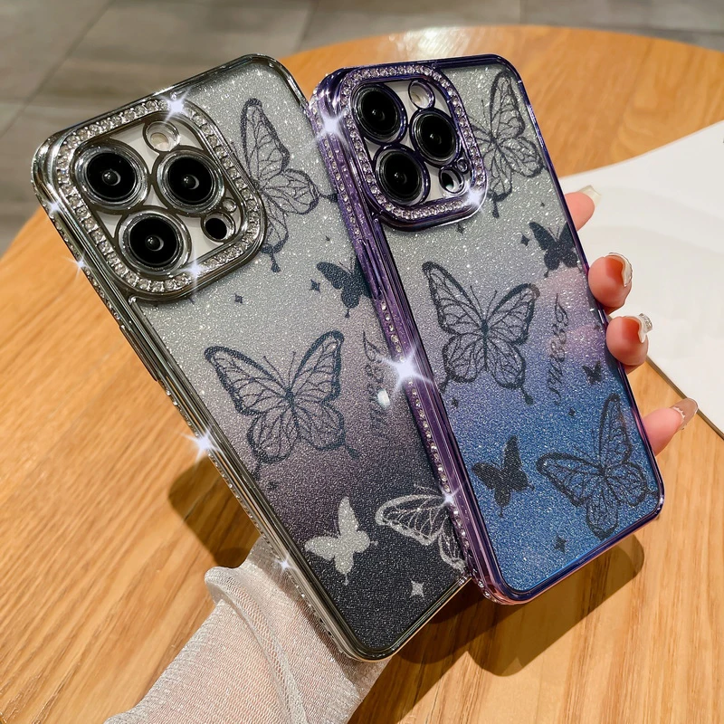 Glitter Butterfly Diamond Camera Protector Case For iPhone 11 12 13 14 Pro Max Plating Transparent Soft Silicon_voghion.com