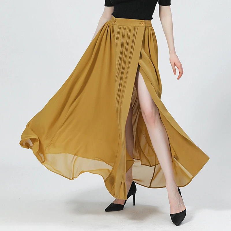 

100% Pure Mulberry Silk Champagne Yellow Button Three-dimensional Fold Asymmetric Wild Office Lady Summer Skirts Womens CE96
