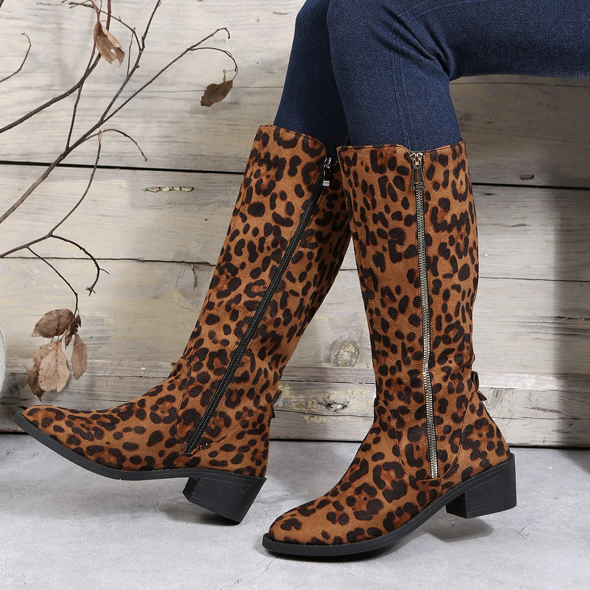 Cross border selling high heeled riding boots Leopard print boots side zipper foreign trade plus size factory outlet