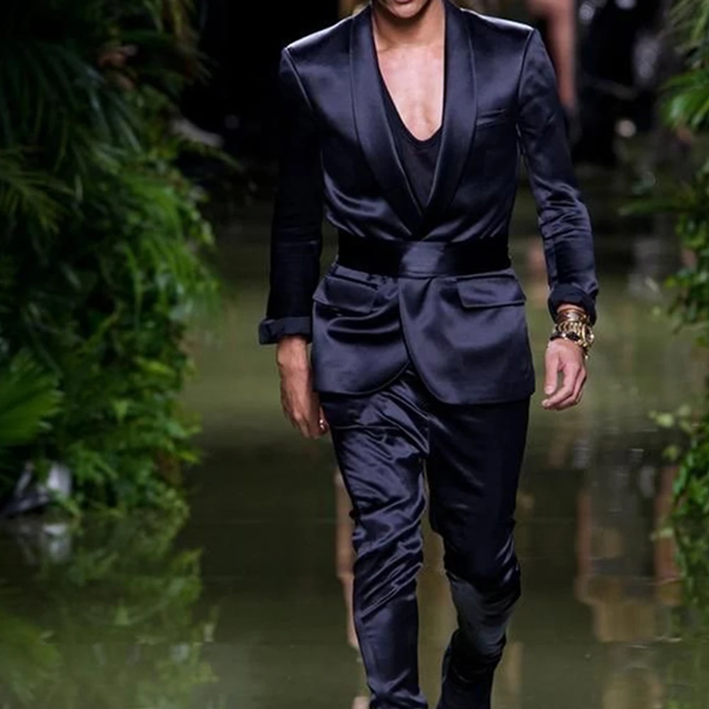 

Новинка 2023, темно-синий мужской костюм из 2 предметов, Шелковый Атласный Модный деловой пиджак с отложным воротником и поясом, блейзер и брюки