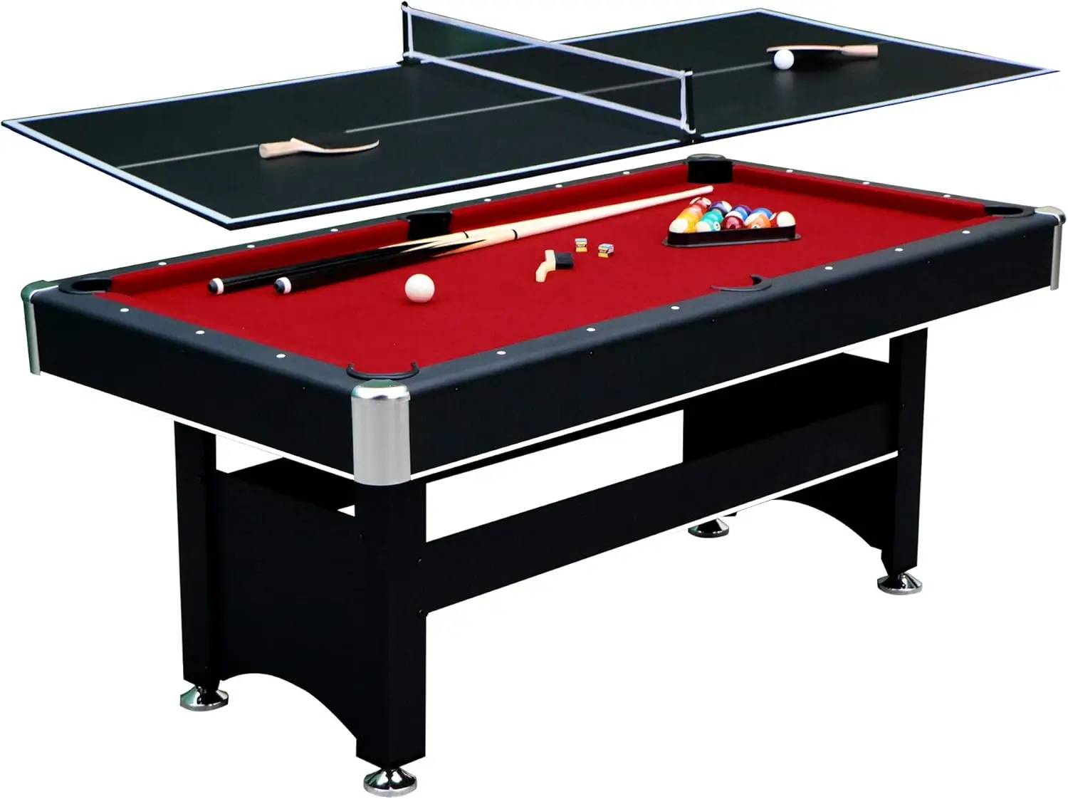 6-ft Pool Table with Table Tennis Top-Black with Red Felt