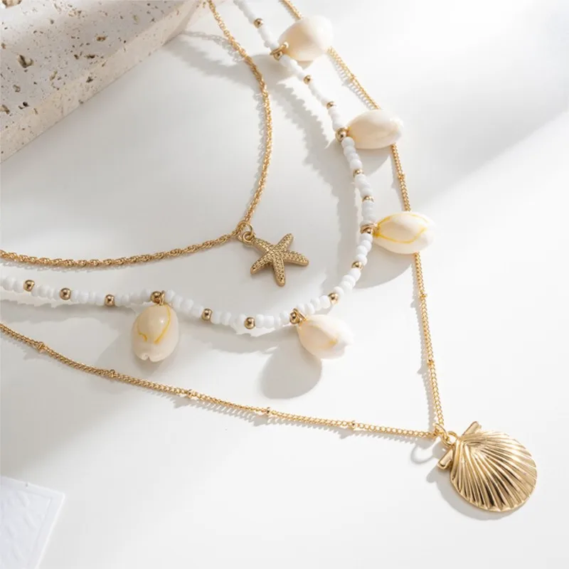 Multi Layered Pearl Shell Starfish Necklace for Women Elegant Lady Handmade Summer Vocation No Rusting Chain Necklaces Jewelry
