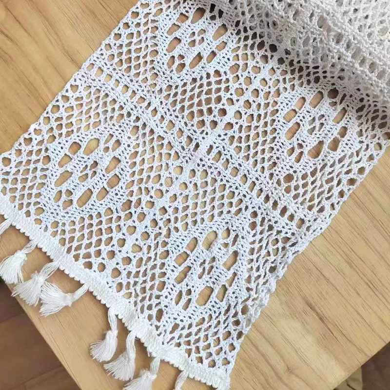 Vintage Beige Crochet Lace Table Runner with Tassel Trim - Elegant Cotton Blend Fabric for Coffee Table or Wedding Decor