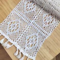 Vintage Beige Crochet Lace Table Runner with Tassel Trim - Elegant Cotton Blend Fabric for Coffee Table or Wedding Decor (White F)