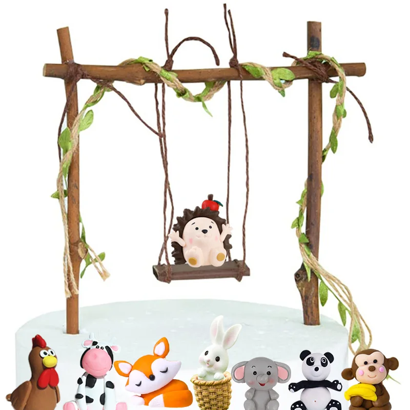 Woodland Animal Cupcake and Cake Topper Set - Hedgehog Swing Decor for Baby Shower or Birthday Party